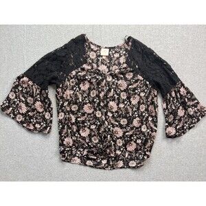 Knox Rose Top 2XL Black Floral Lace Shoulder Bell Sleeve Tie Front Boho Peasant